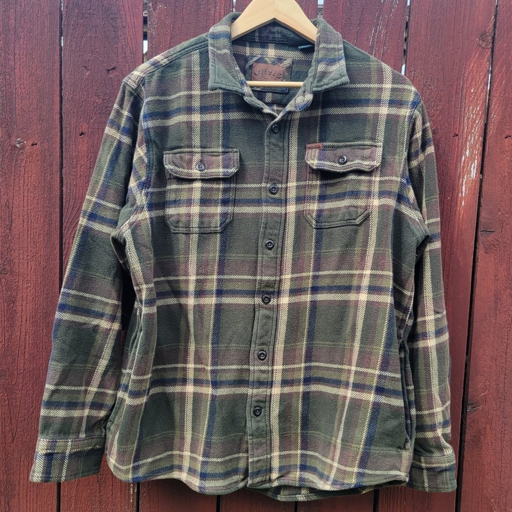 Orvis Mens XL Green Plaid Heavy Cotton Flannel Shirt Jacket Shacket Side Pockets